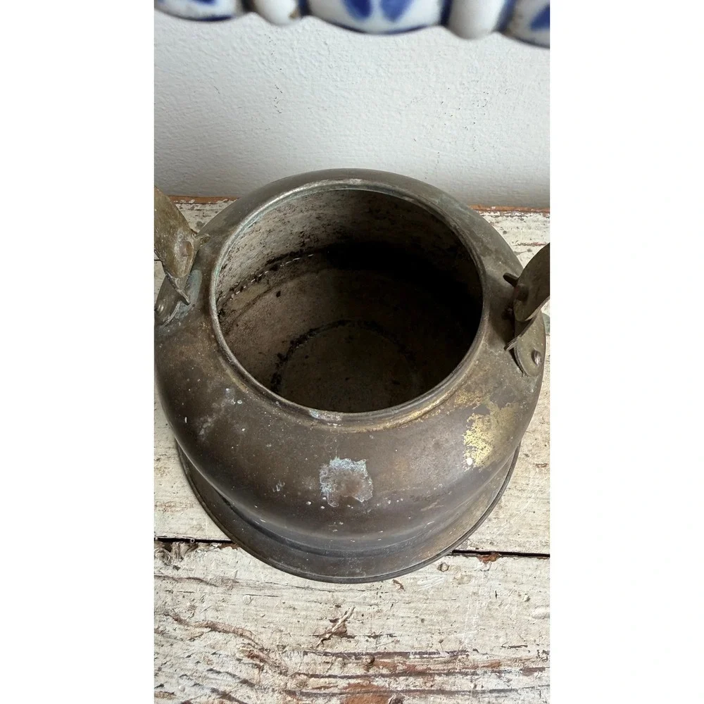 Antique Brass Tea Kettle Blue White Ceramic Handle Primitive Farmhouse